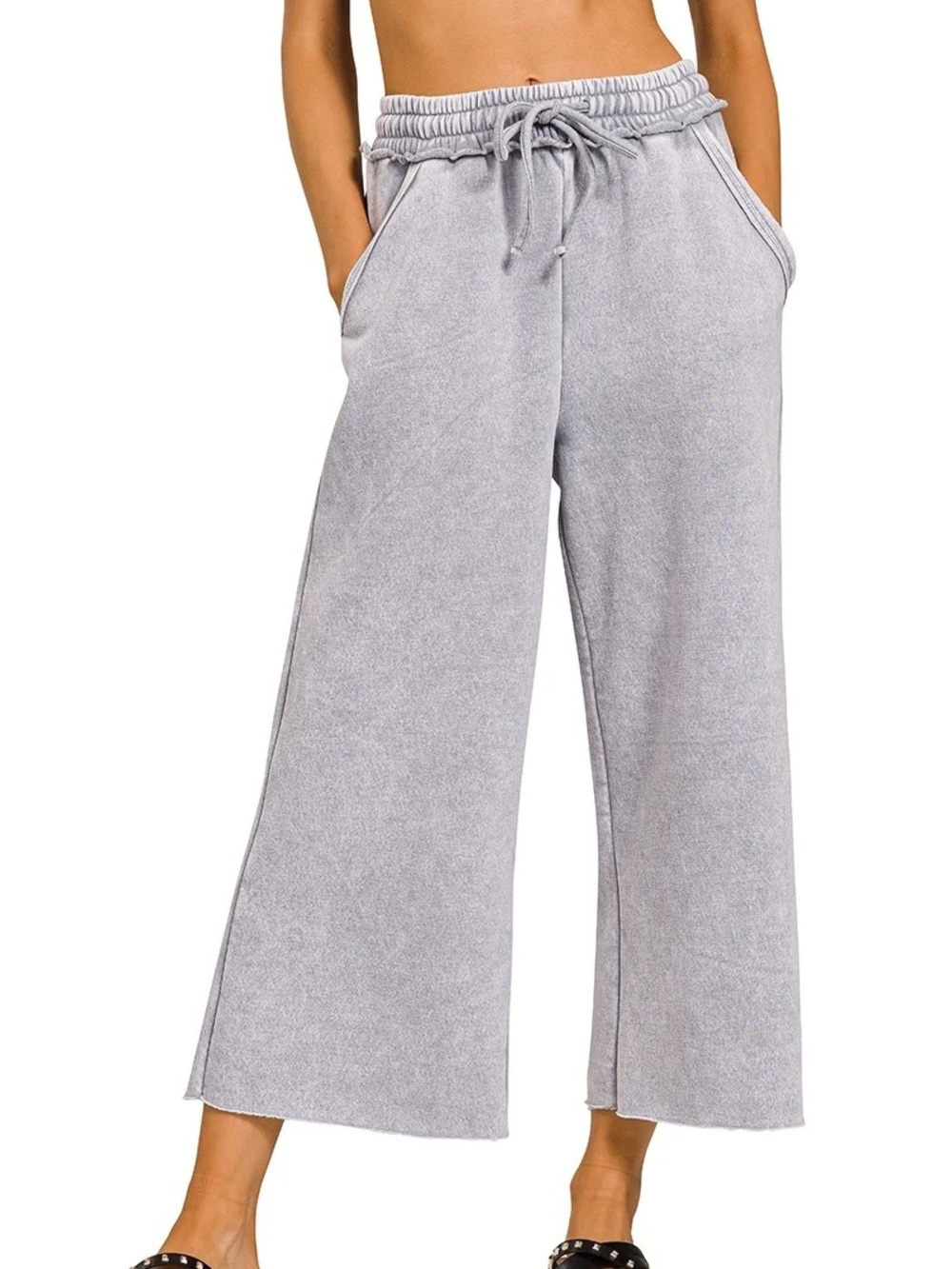 NWT🩶Zenana Acid Wash Fleece Palazzo Sweatpants Small Sleet